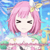a girl with pink hair and a flower in her hair is making a funny face