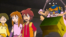 a group of cartoon characters are standing around a green box that says ' a ' on the front