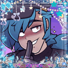 a picture of a boy with blue hair and a purple background with the word picmix on it