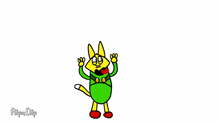 a cartoon cat is wearing a green shirt and red shoes and dancing .