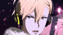 a blonde anime character wearing headphones and a white fur coat
