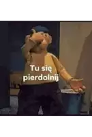 a cartoon character is standing in front of a trash can with the words `` tu się pierdolnij '' written on it .