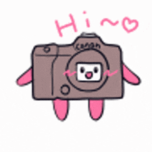 a drawing of a camera with pink arms and legs and the words hi written on it .