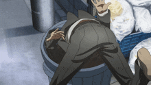 a man in a suit is laying in a trashcan