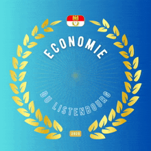a blue background with a gold laurel wreath and the words economie du listenbourg
