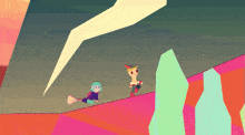 a cartoon of a witch flying on a broom next to a man