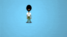 a cartoon of a man with an afro holding a flag with a blue background