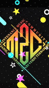 an intense music community logo is surrounded by colorful shapes