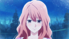 a close up of a girl 's face with long pink hair