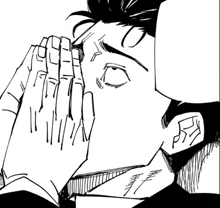 a black and white drawing of a man with his hands folded in front of his face .