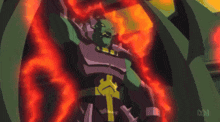 a cartoon character with a sword is surrounded by flames
