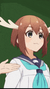a girl with antlers on her head is wearing a white and blue school uniform