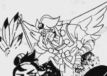 a black and white drawing of a man with wings holding a flag and a woman .