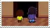 a pixel art of two people standing next to each other in a dark room .