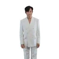 a man in a white suit is dancing with his arms outstretched
