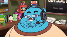 a cartoon character wearing headphones with a sign that says " acari " in the background