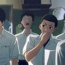 a group of boys are standing in a classroom with a clock on the wall that shows the time as 1:20