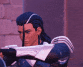 a man with long black hair is holding a sword in a video game