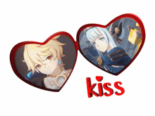 a red heart with a picture of a girl and a boy and the word kiss below it