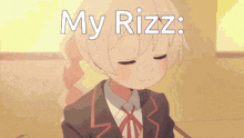 a girl with her eyes closed and the words my rizz behind her