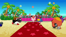 a group of cartoon characters are standing on a red carpet on a beach