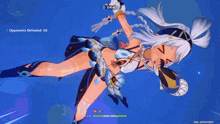 a girl is flying through the air in a video game while holding a sword in her hand .