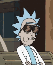 rick from rick and morty wearing sunglasses and a cigarette in his mouth