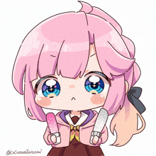 a cartoon drawing of a girl with pink hair holding a pink wand