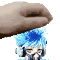 a pixel art of a hand holding a person 's head with blue hair