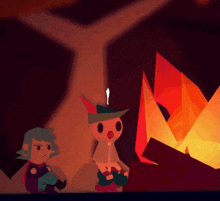 two cartoon characters sitting in front of a fire with a tree in the background