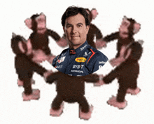 a man wearing a bybt honda shirt is surrounded by pink monkeys