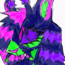 a colorful drawing of a rabbit with purple pink and green ears