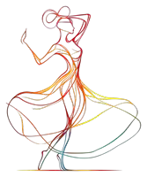 a colorful drawing of a woman in a long dress on a white background