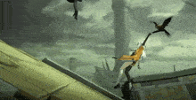 a cartoon character is flying through the air with a bird