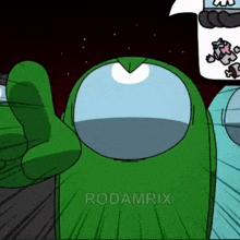 a cartoon of a green among us character giving a thumbs up sign .