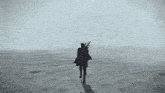 a black and white photo of a person standing in the middle of a desert