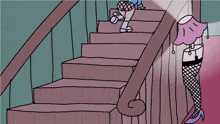 a cartoon of a girl walking down stairs with a lamp behind her