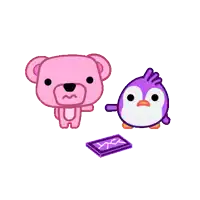 a pink teddy bear and a purple penguin are standing next to a broken tablet