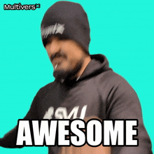 a man wearing a beanie and a hoodie says awesome on a green background
