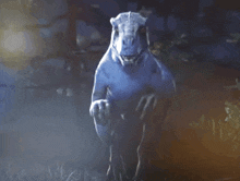 a t-rex is walking through a foggy forest