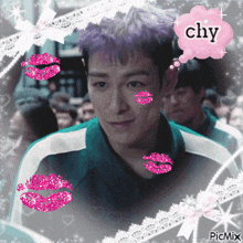 a picture of a man with pink lips and a pink speech bubble that says chy