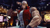 a cartoon character is standing in front of a neon sign that says ' king of fighters ' on it