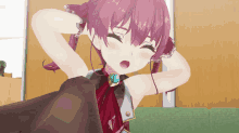 a girl with purple hair is sitting on a green couch