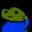 a green frog is wearing a blue shirt and has a sad face on it .