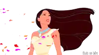 a cartoon drawing of pocahontas with leaves blowing in the wind