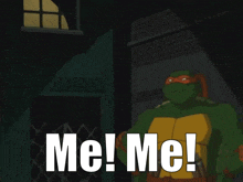 a teenage mutant ninja turtle says " me ! me ! " in front of a window
