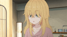 a girl with blonde hair and blue eyes is wearing a pink shirt