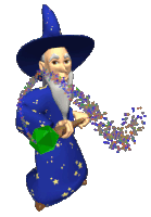 a wizard in a blue robe is holding a wand and a green block