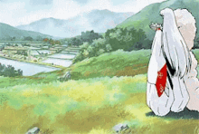 a cartoon of a person sitting on top of a hill .