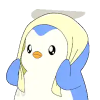 a penguin with a towel on its head looks at the camera